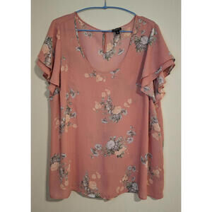 Torrid Womens Size 2 Pink Green Floral High Low Blouse Flutter Cap Sleeves 2X‎